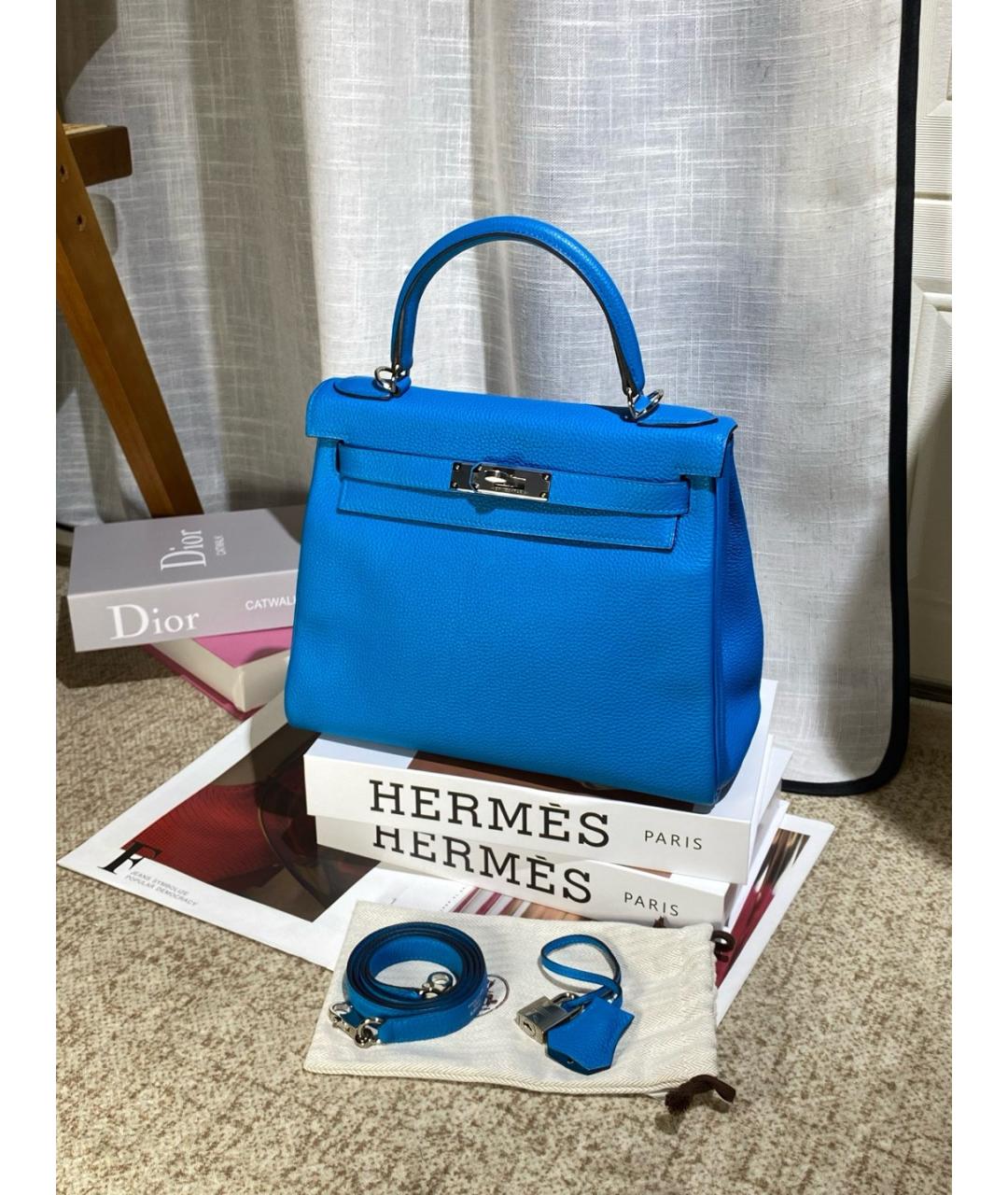 HERMES Синяя кожаная сумка с короткими ручками, фото 6