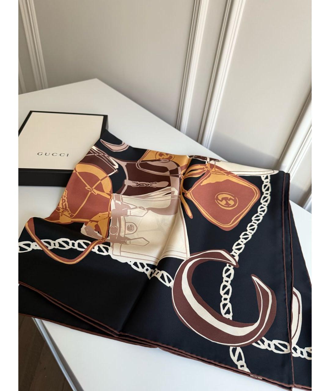 GUCCI Коричневый шелковый платок, фото 3