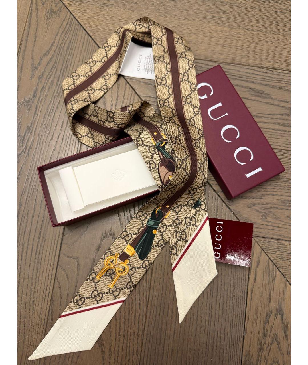 GUCCI Бежевый шелковый платок, фото 4