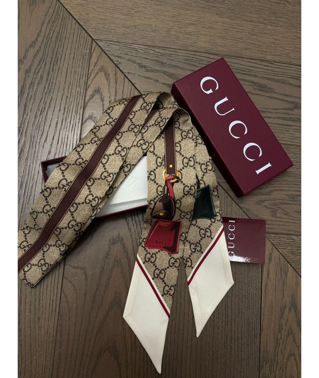GUCCI Бежевый шелковый платок, фото 3