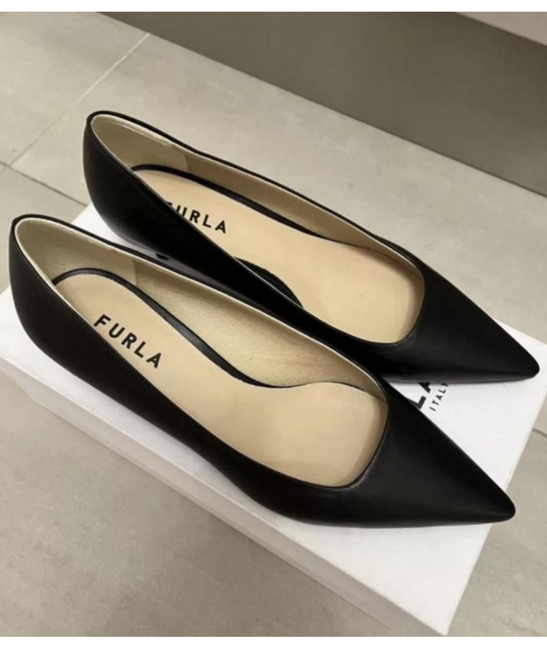 FURLA Черные кожаные лодочки на низком каблуке, фото 2