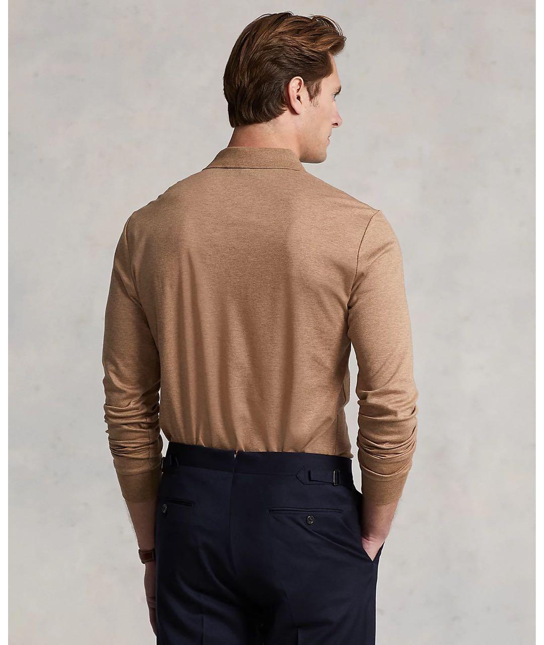 POLO RALPH LAUREN Бежевое хлопковое поло с длинным рукавом, фото 4