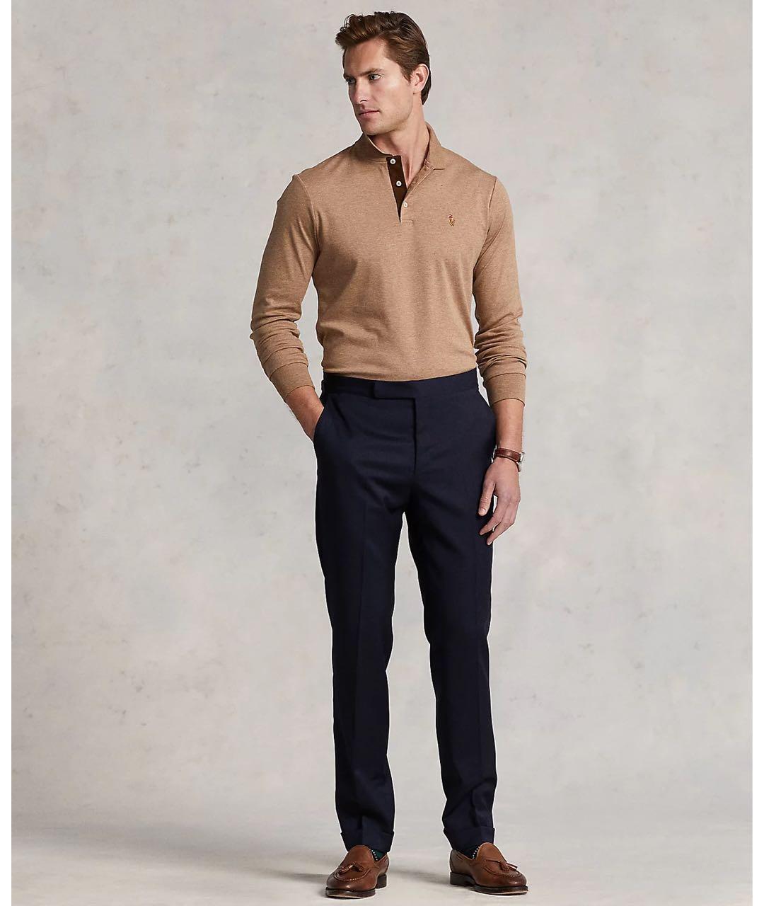 POLO RALPH LAUREN Бежевое хлопковое поло с длинным рукавом, фото 3