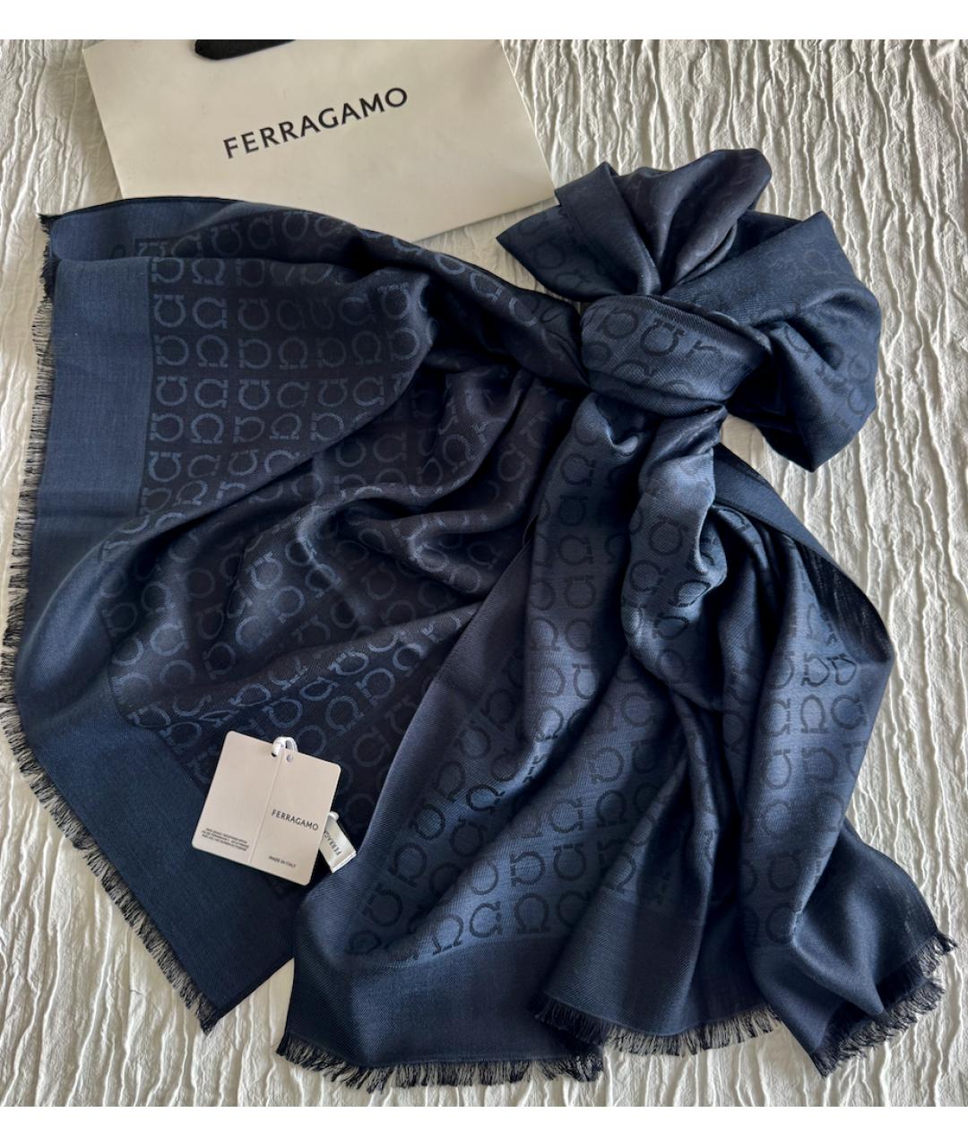 FERRAGAMO Темно-синий шерстяной шарф, фото 8