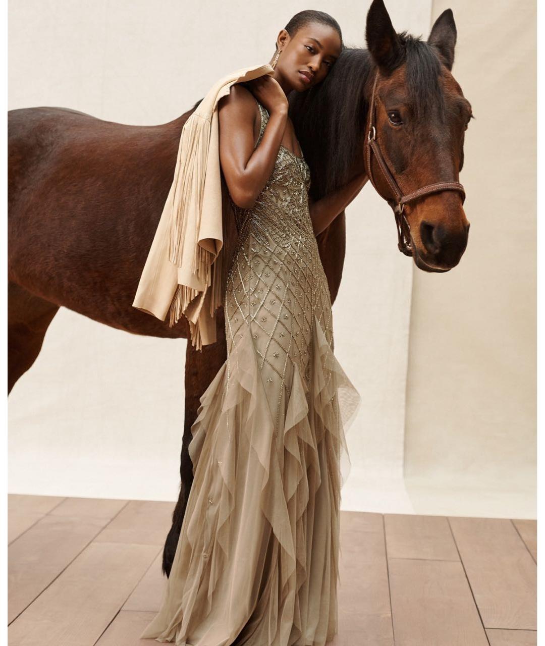 RALPH LAUREN Бежевое шифоновое вечернее платье, фото 6