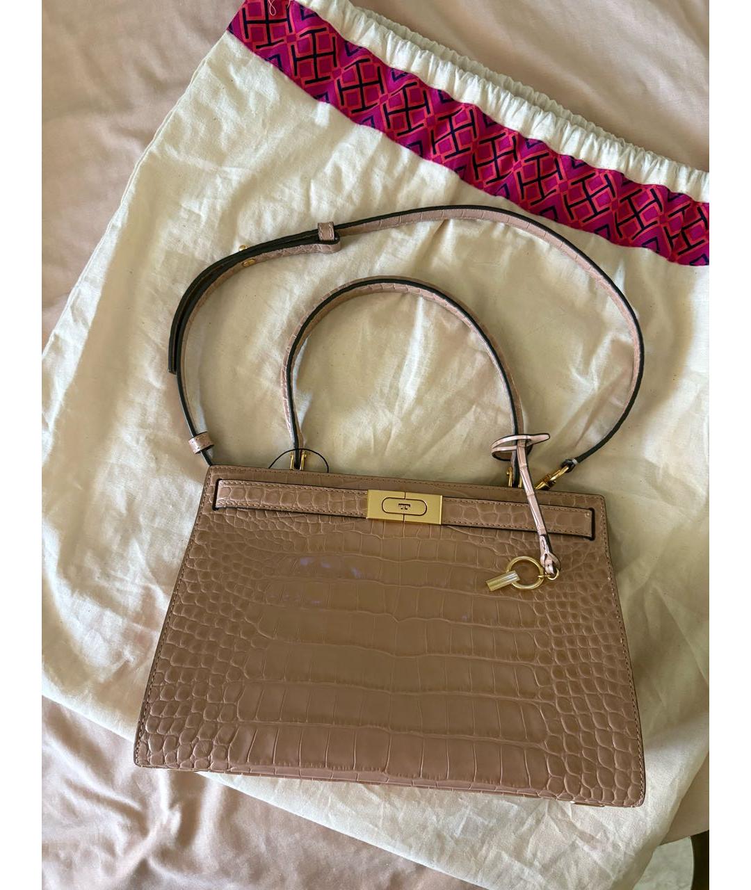 TORY BURCH Бежевая кожаная сумка с короткими ручками, фото 4