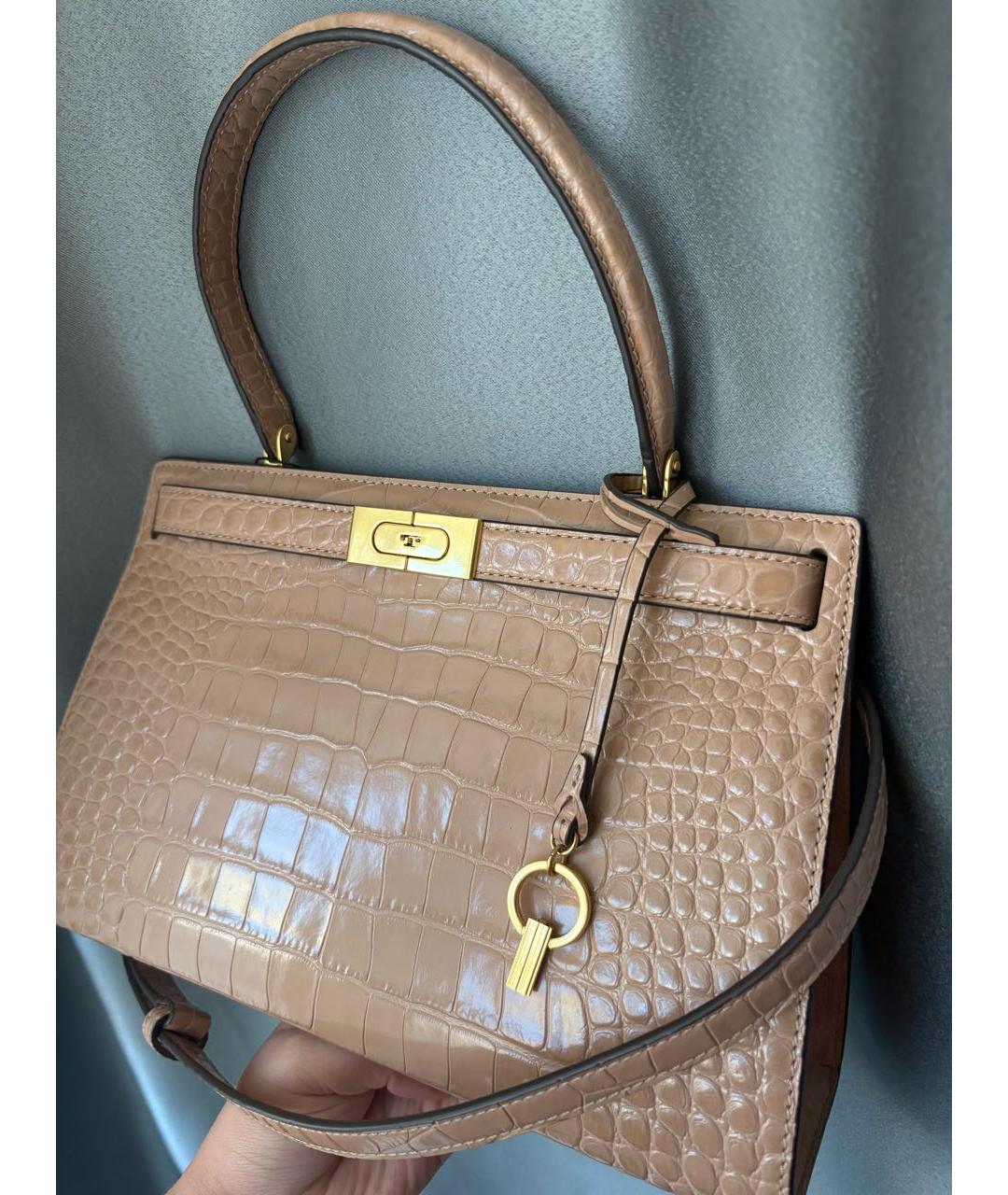 TORY BURCH Бежевая кожаная сумка с короткими ручками, фото 2