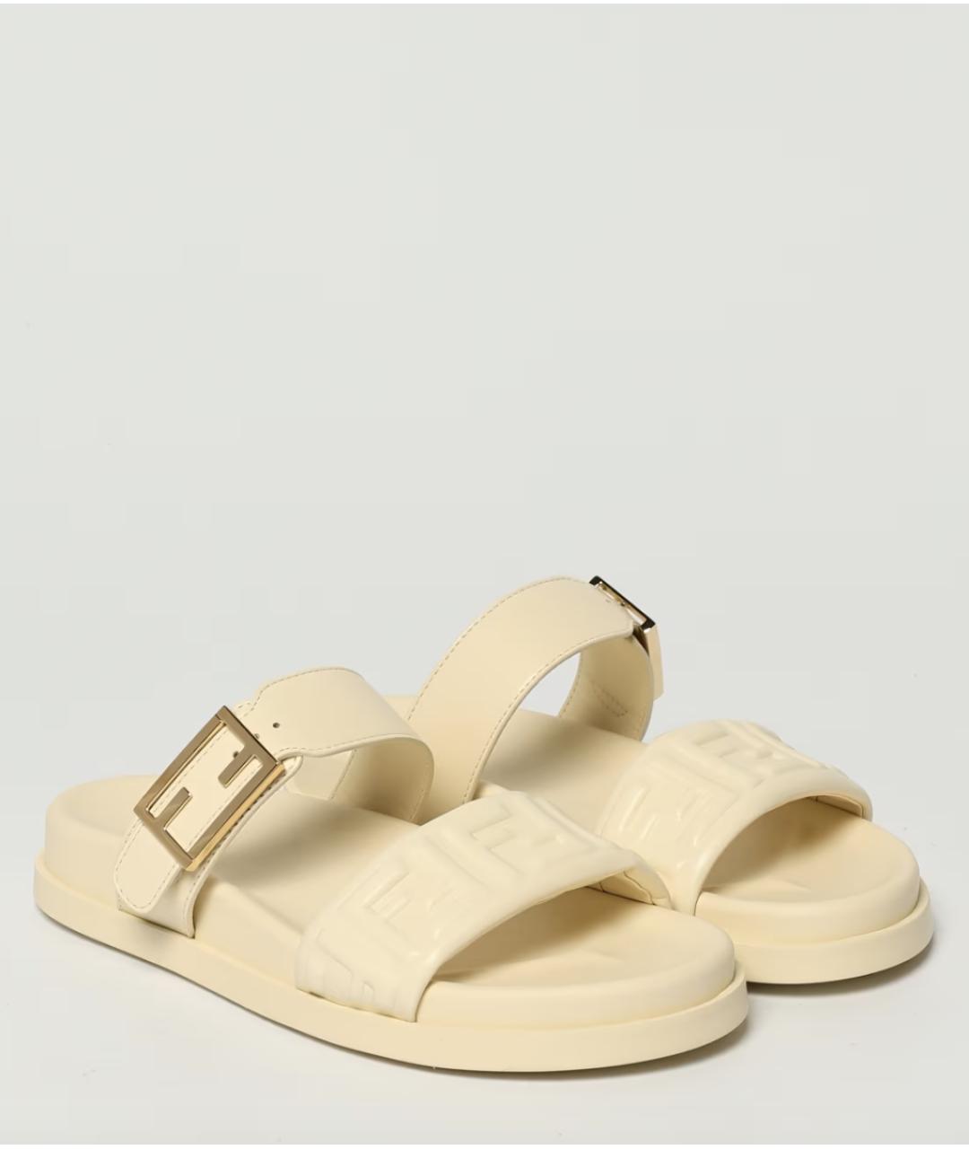 FENDI Бежевые кожаные шлепанцы, фото 2