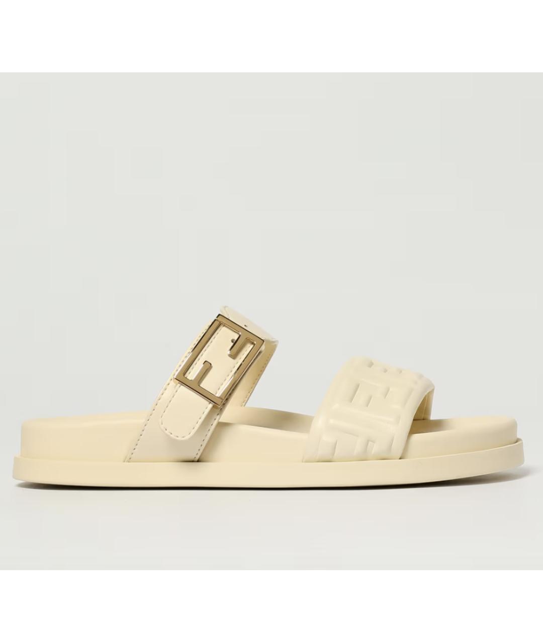 FENDI Бежевые кожаные шлепанцы, фото 5