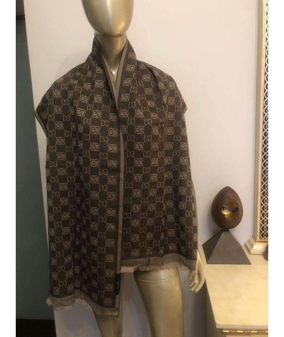 GUCCI Коричневый шерстяной шарф, фото 7