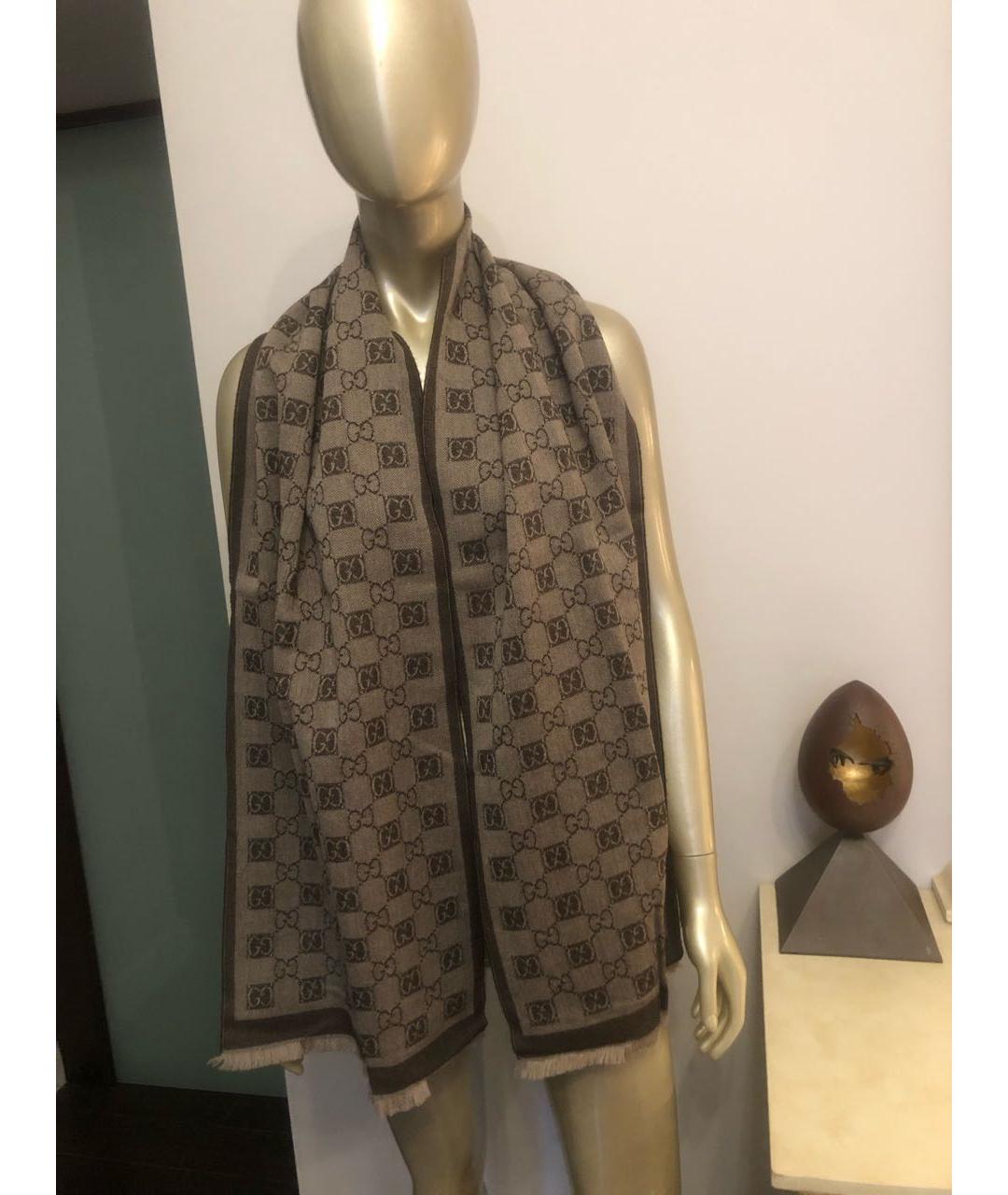 GUCCI Коричневый шерстяной шарф, фото 6