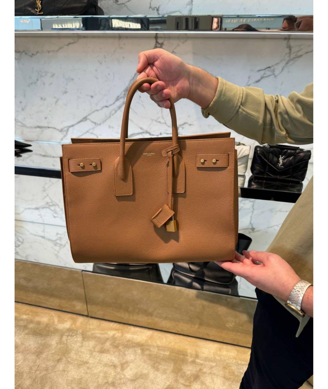 SAINT LAURENT Коричневая кожаная сумка тоут, фото 8