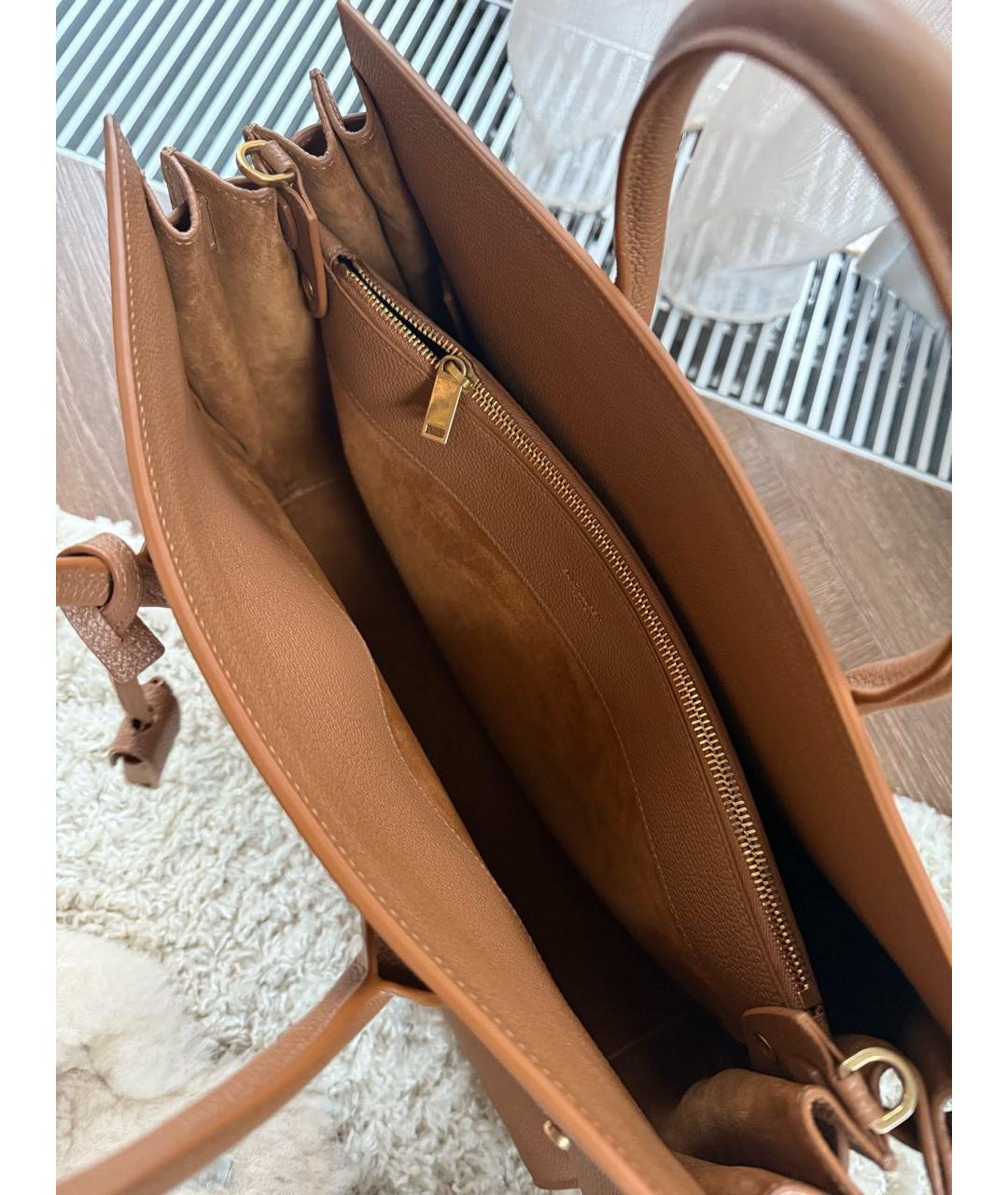 SAINT LAURENT Коричневая кожаная сумка тоут, фото 4