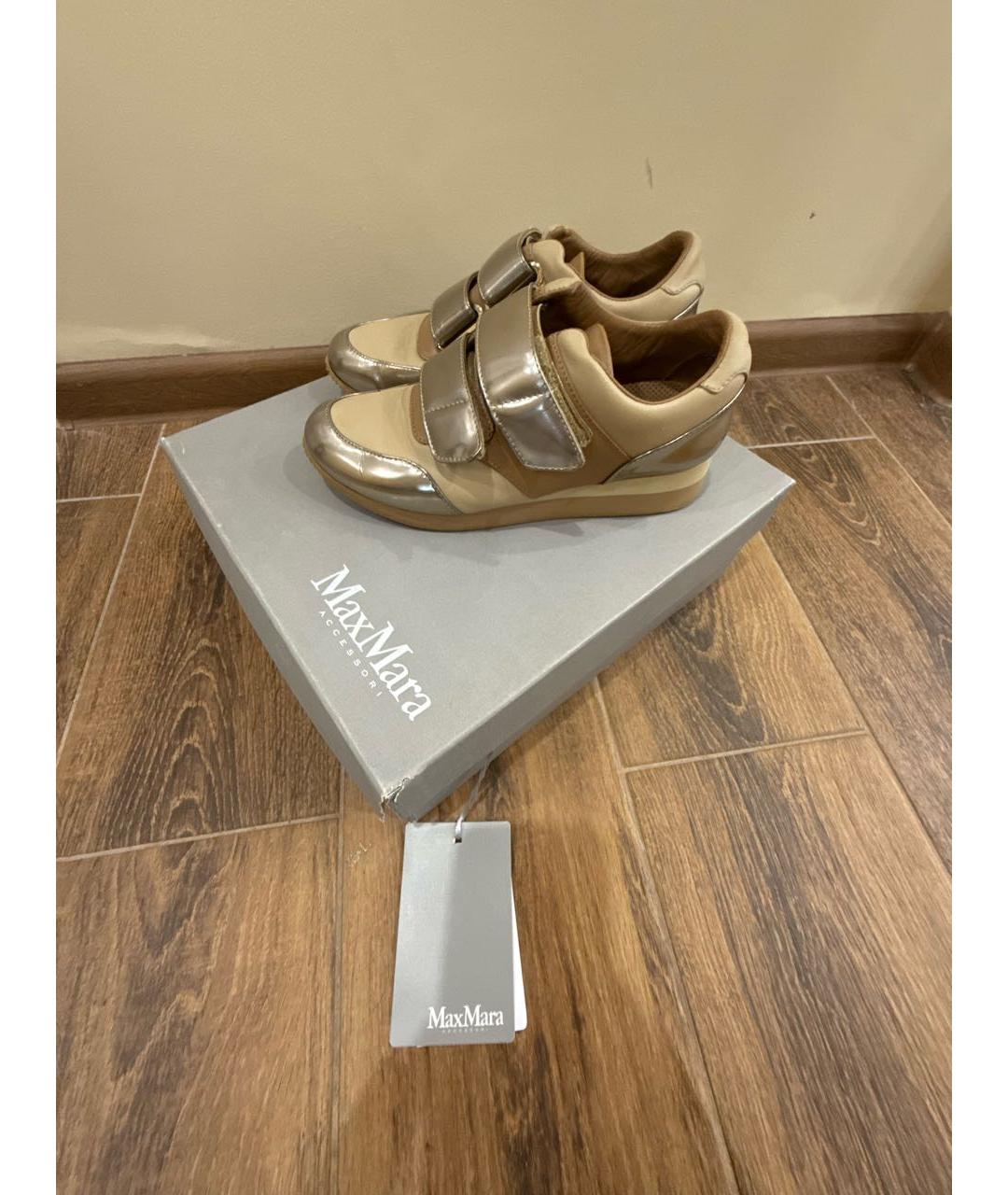 MAX MARA Золотые кожаные кроссовки, фото 5