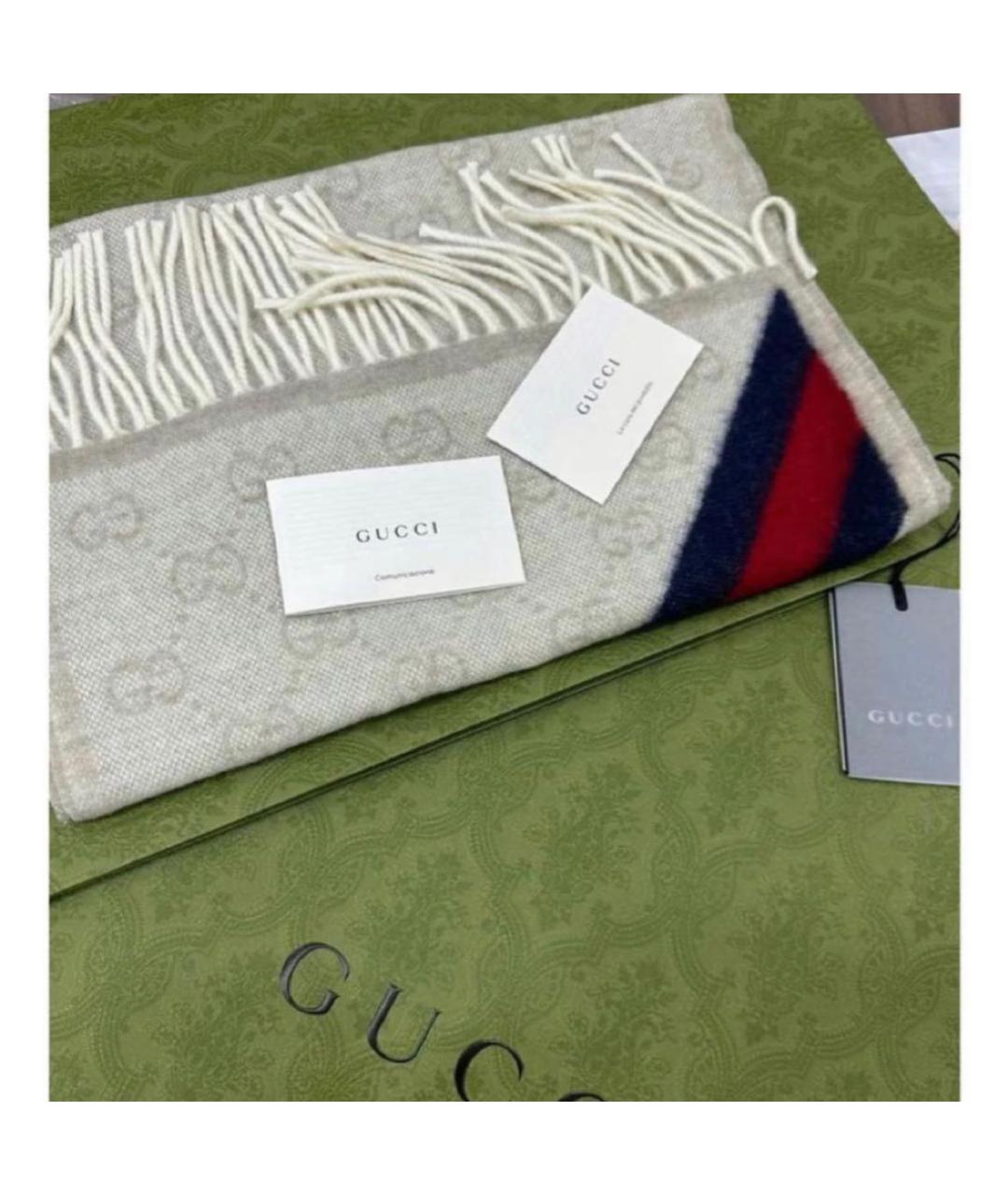 GUCCI Бежевый шерстяной шарф, фото 2