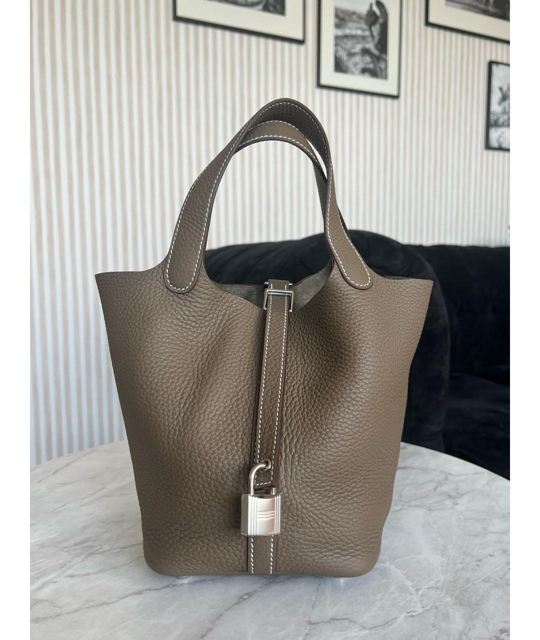 HERMES Серая кожаная сумка с короткими ручками, фото 4