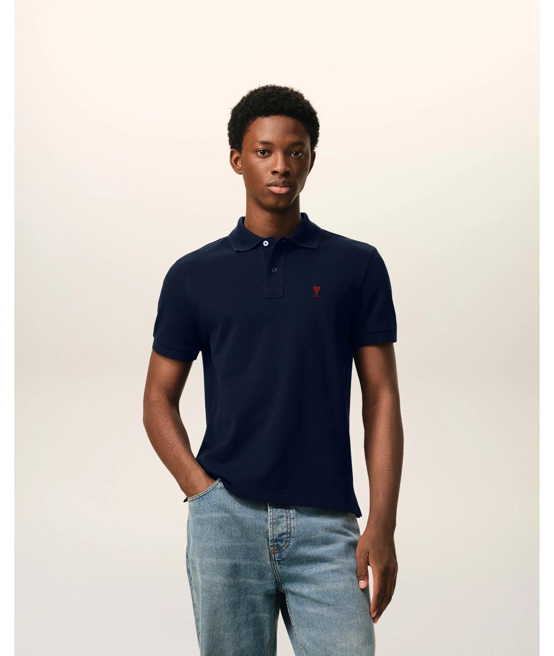 Ami Paris Темно-синее хлопковое поло с коротким рукавом, фото 2