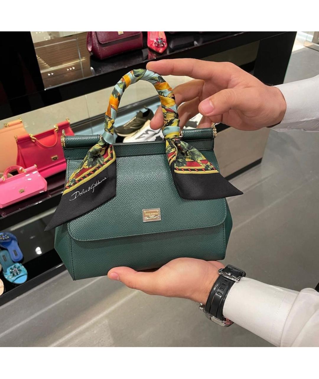 DOLCE&GABBANA Зеленая кожаная сумка с короткими ручками, фото 7