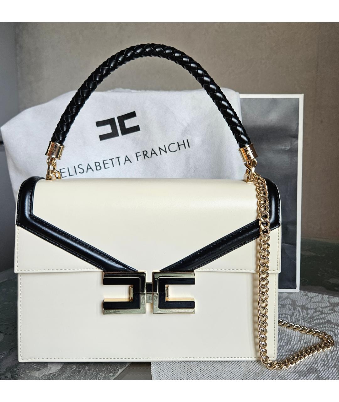 ELISABETTA FRANCHI Бежевая кожаная сумка с короткими ручками, фото 10