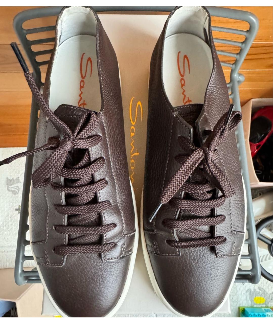 SANTONI Коричневые кожаные низкие кроссовки / кеды, фото 2