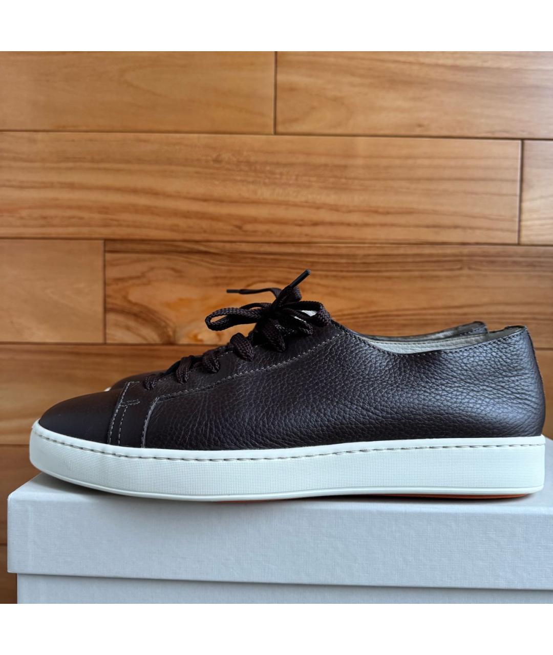 SANTONI Коричневые кожаные низкие кроссовки / кеды, фото 6
