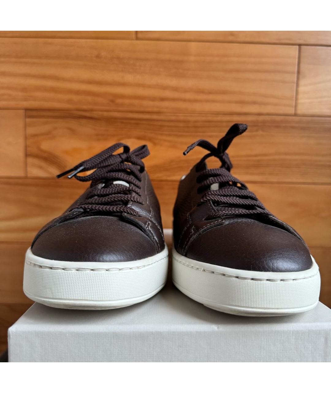 SANTONI Коричневые кожаные низкие кроссовки / кеды, фото 3