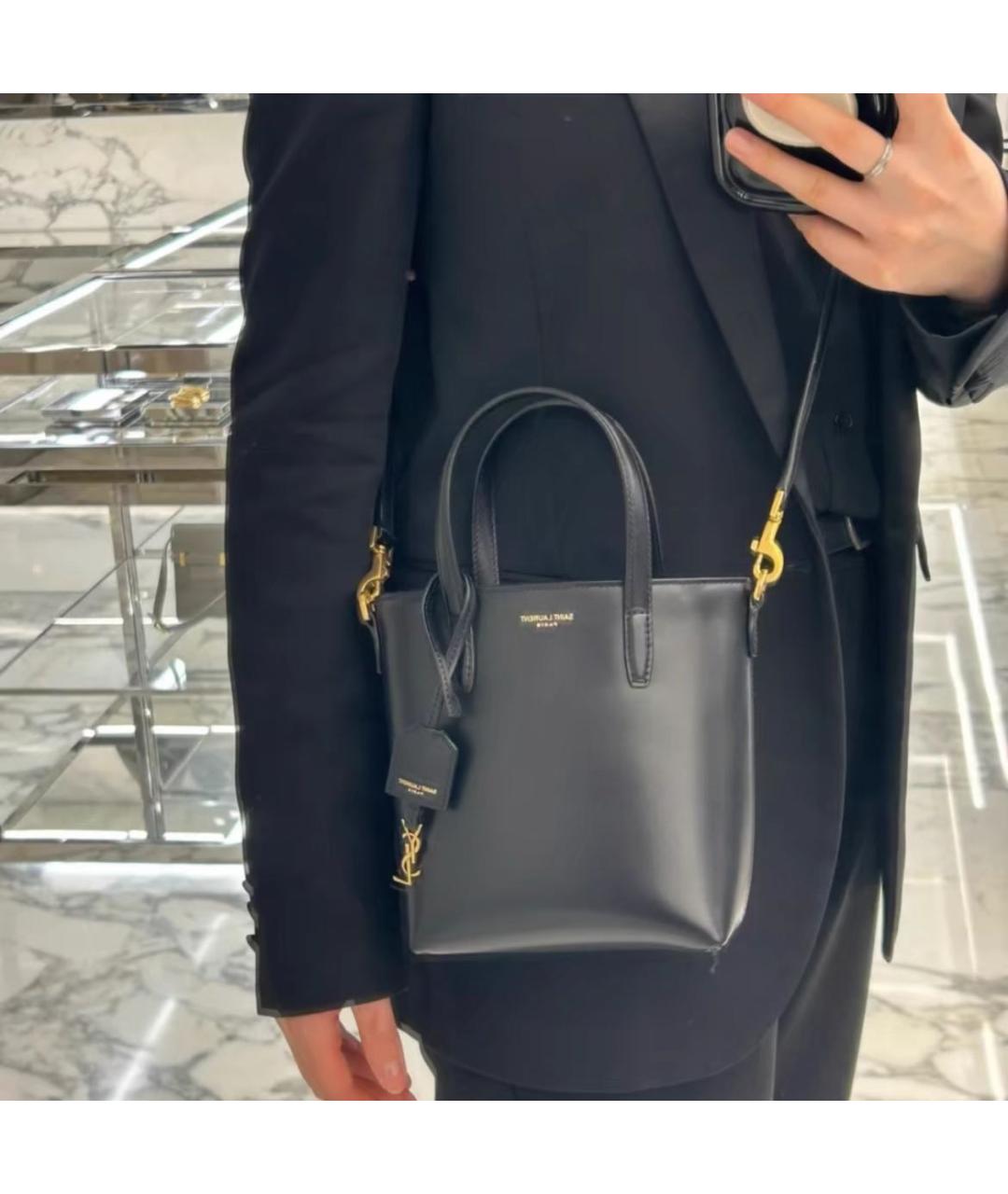 SAINT LAURENT Черная кожаная сумка тоут, фото 6