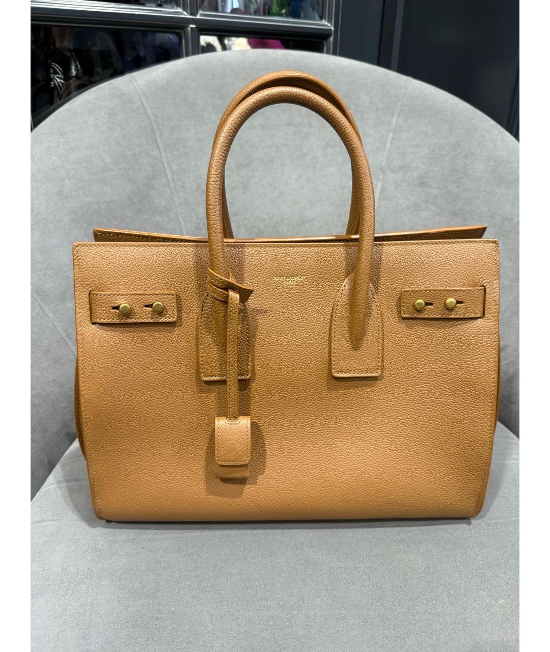 SAINT LAURENT Коричневая кожаная сумка тоут, фото 7