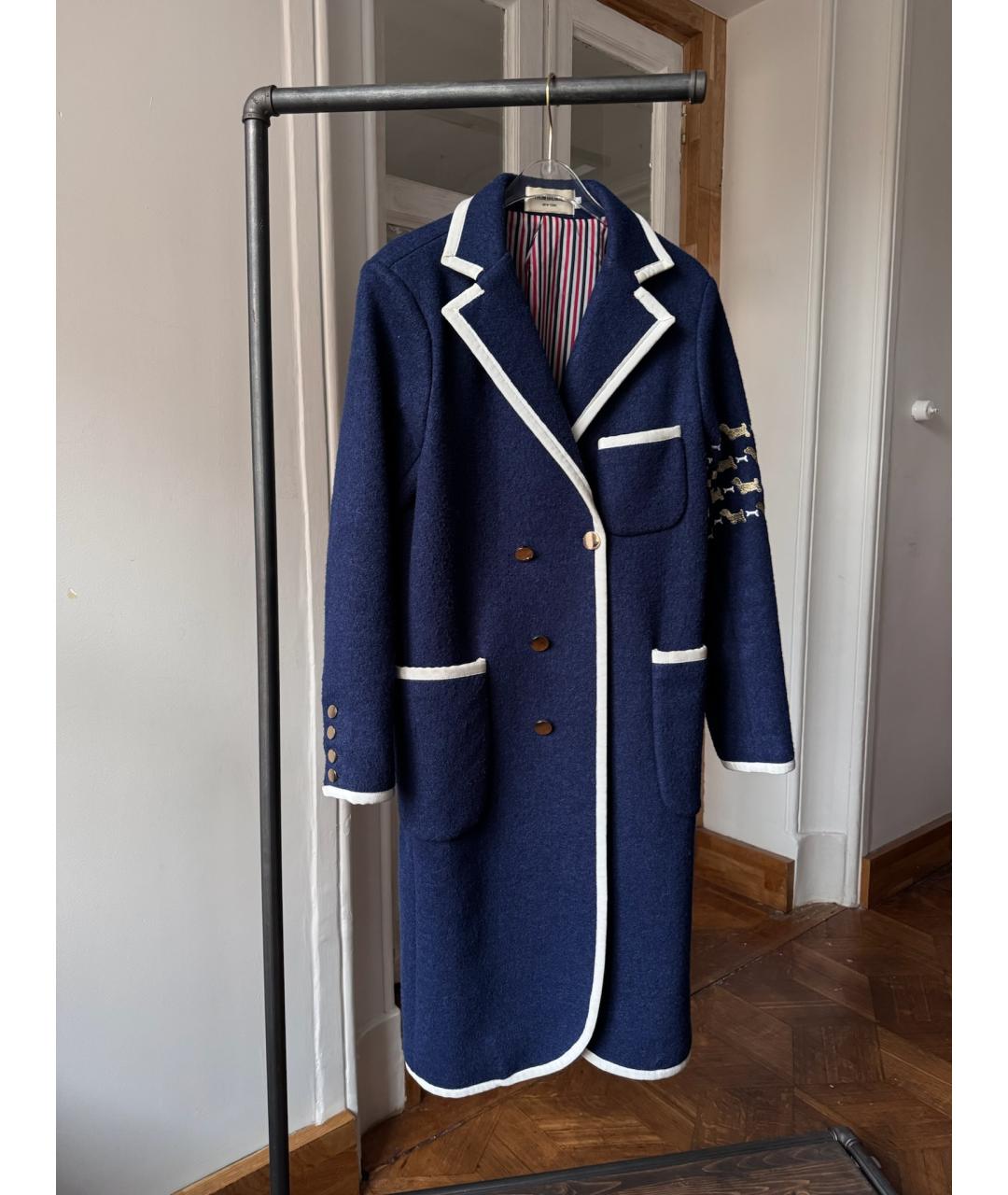 THOM BROWNE Темно-синее шерстяное пальто, фото 5