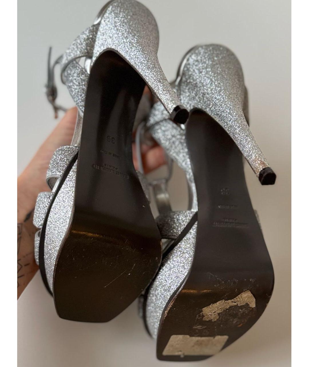 SAINT LAURENT Серебряные кожаные босоножки, фото 6