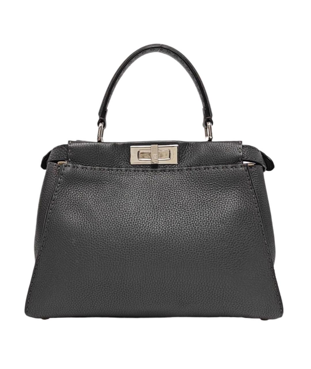FENDI Антрацитовая кожаная сумка с короткими ручками, фото 1