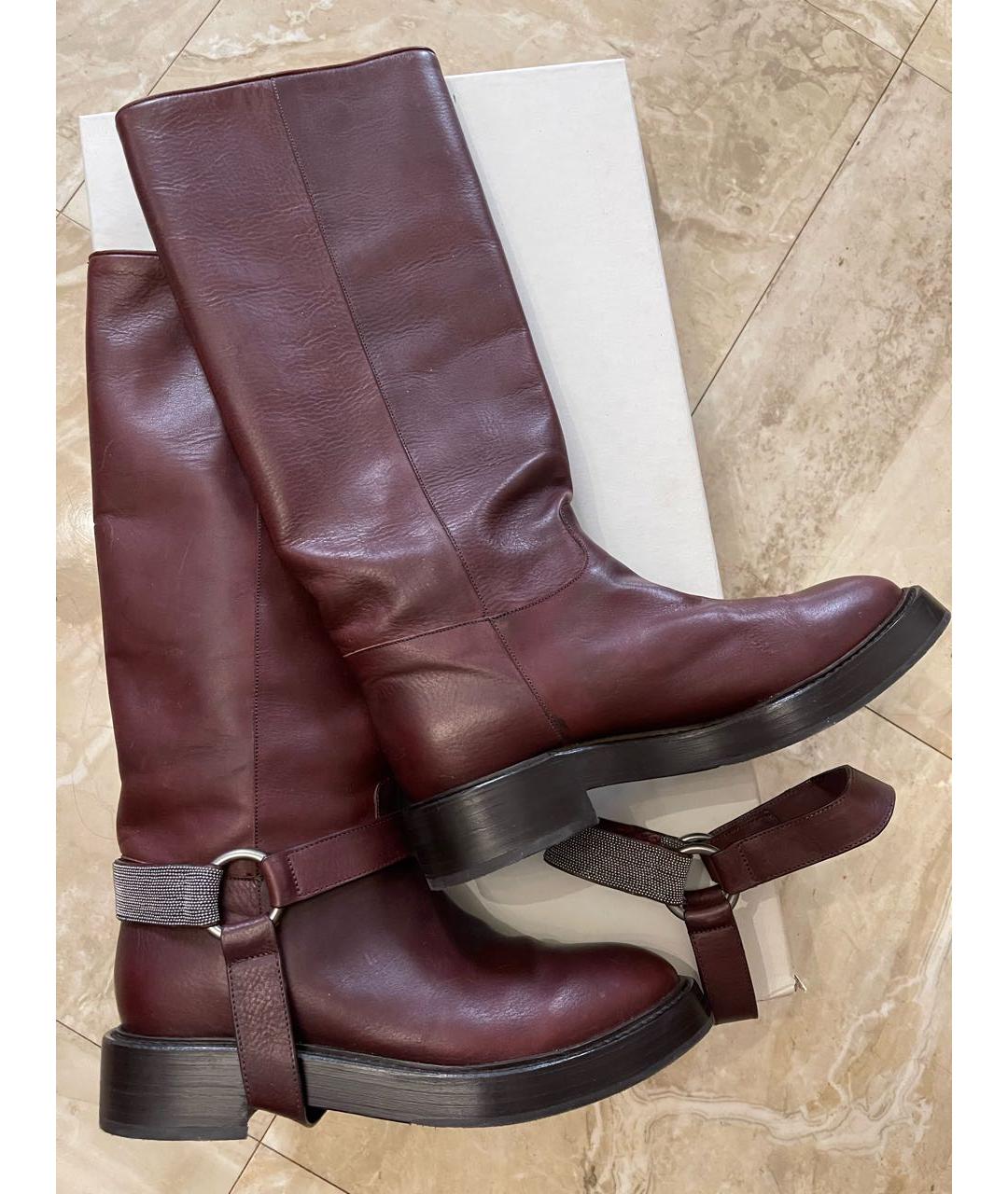 BRUNELLO CUCINELLI Бордовые кожаные сапоги, фото 2