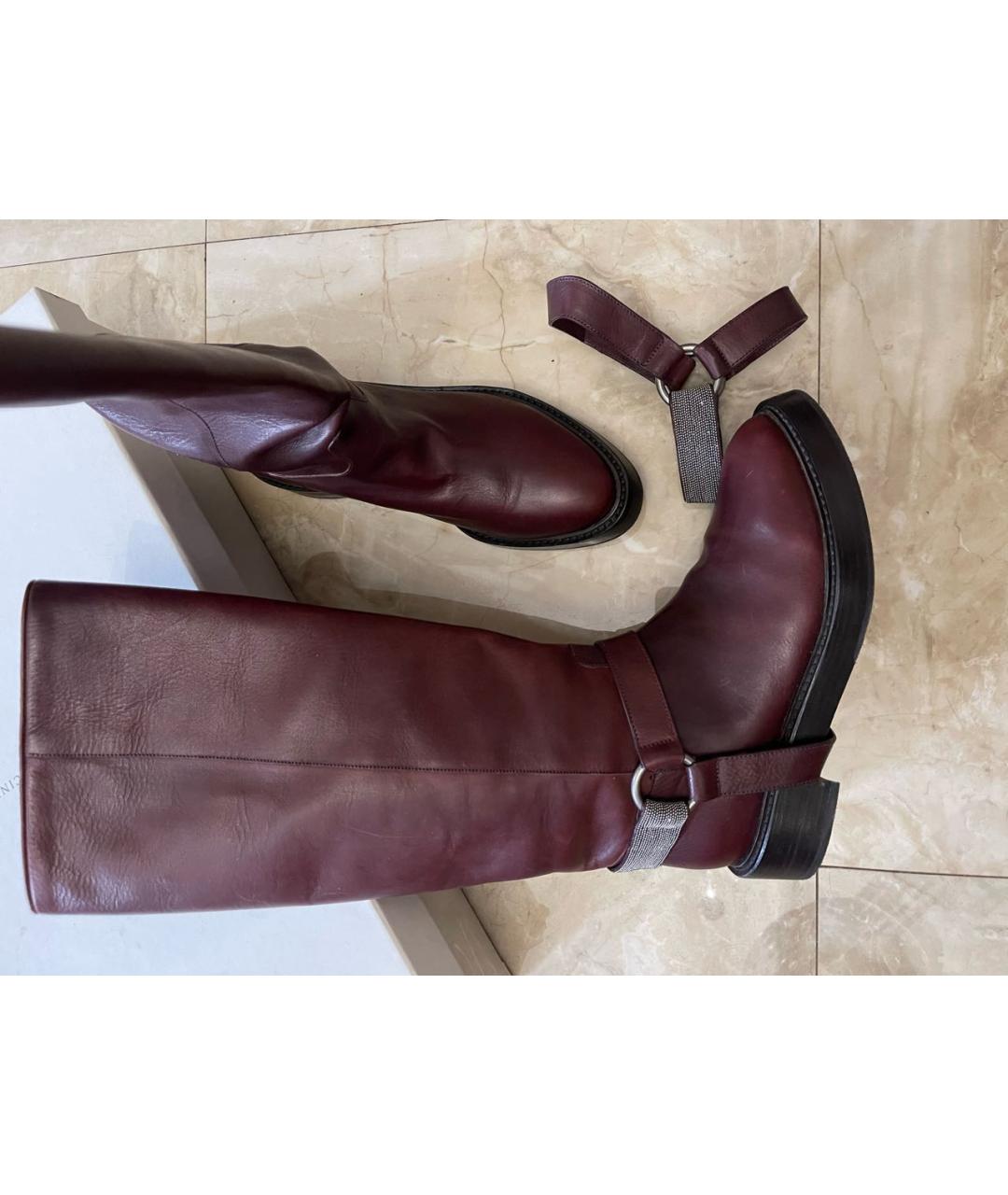 BRUNELLO CUCINELLI Бордовые кожаные сапоги, фото 7