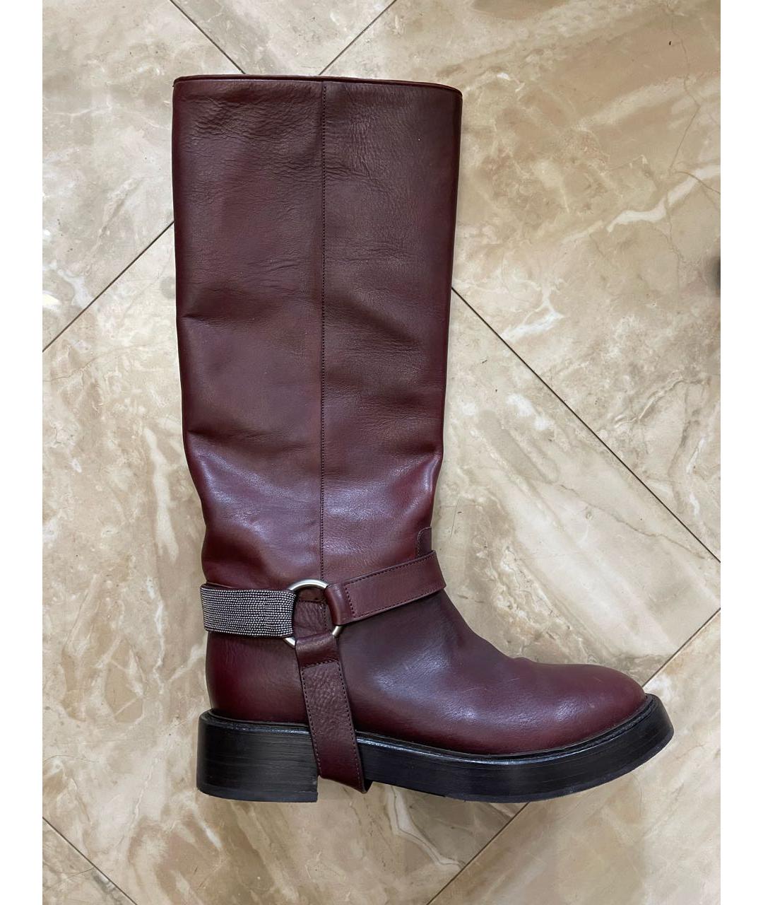 BRUNELLO CUCINELLI Бордовые кожаные сапоги, фото 9