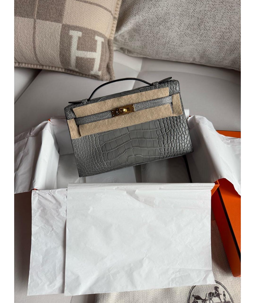 HERMES Серая сумка с короткими ручками из экзотической кожи, фото 5