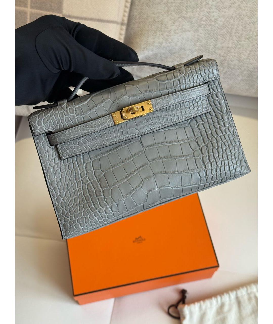 HERMES Серая сумка с короткими ручками из экзотической кожи, фото 2