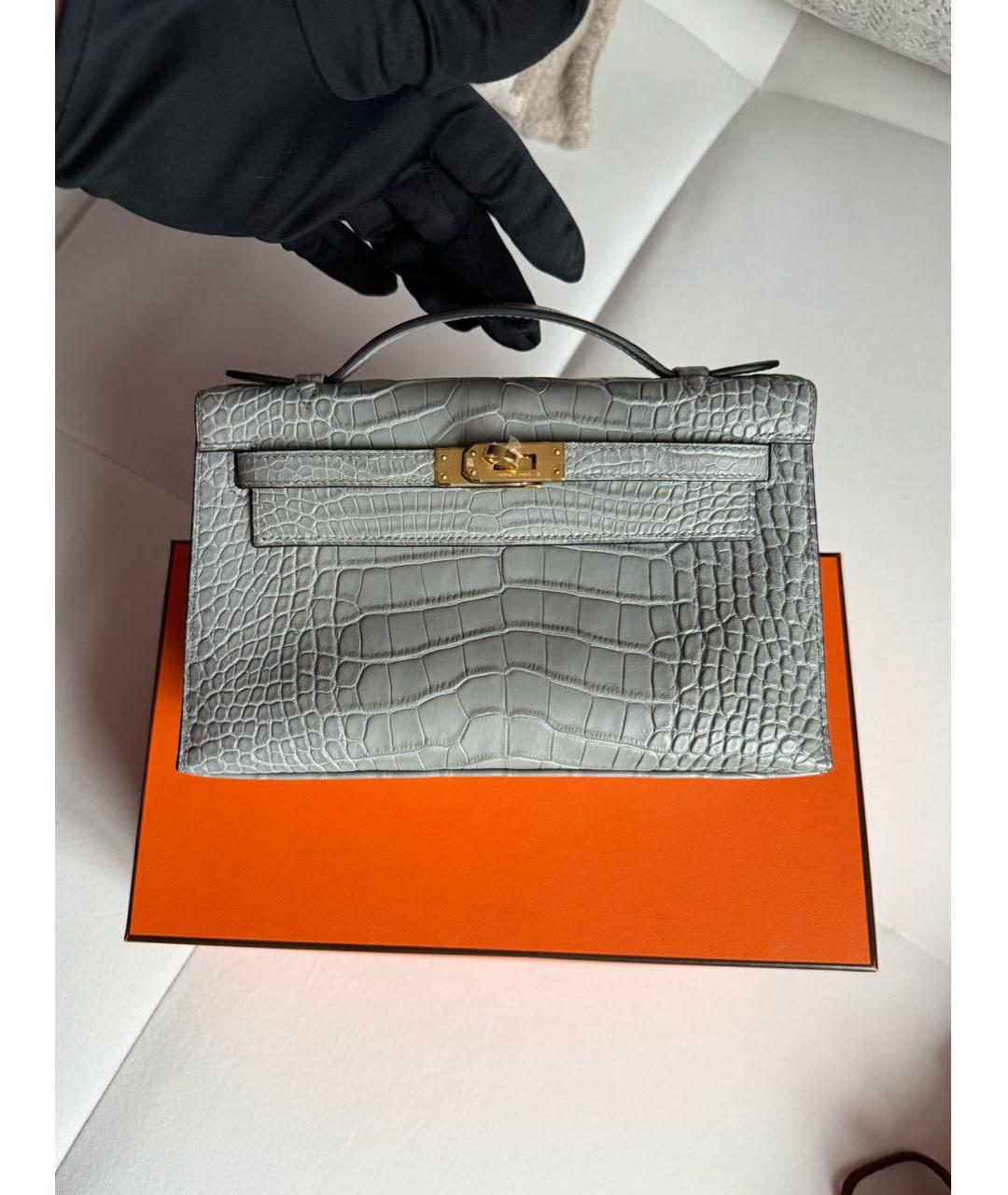 HERMES Серая сумка с короткими ручками из экзотической кожи, фото 6