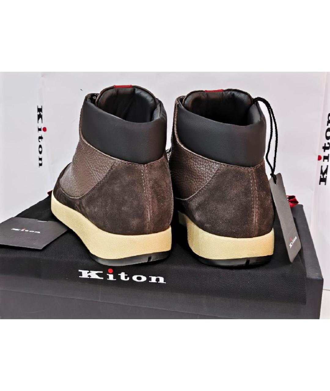 KITON Коричневые кожаные высокие кроссовки / кеды, фото 4