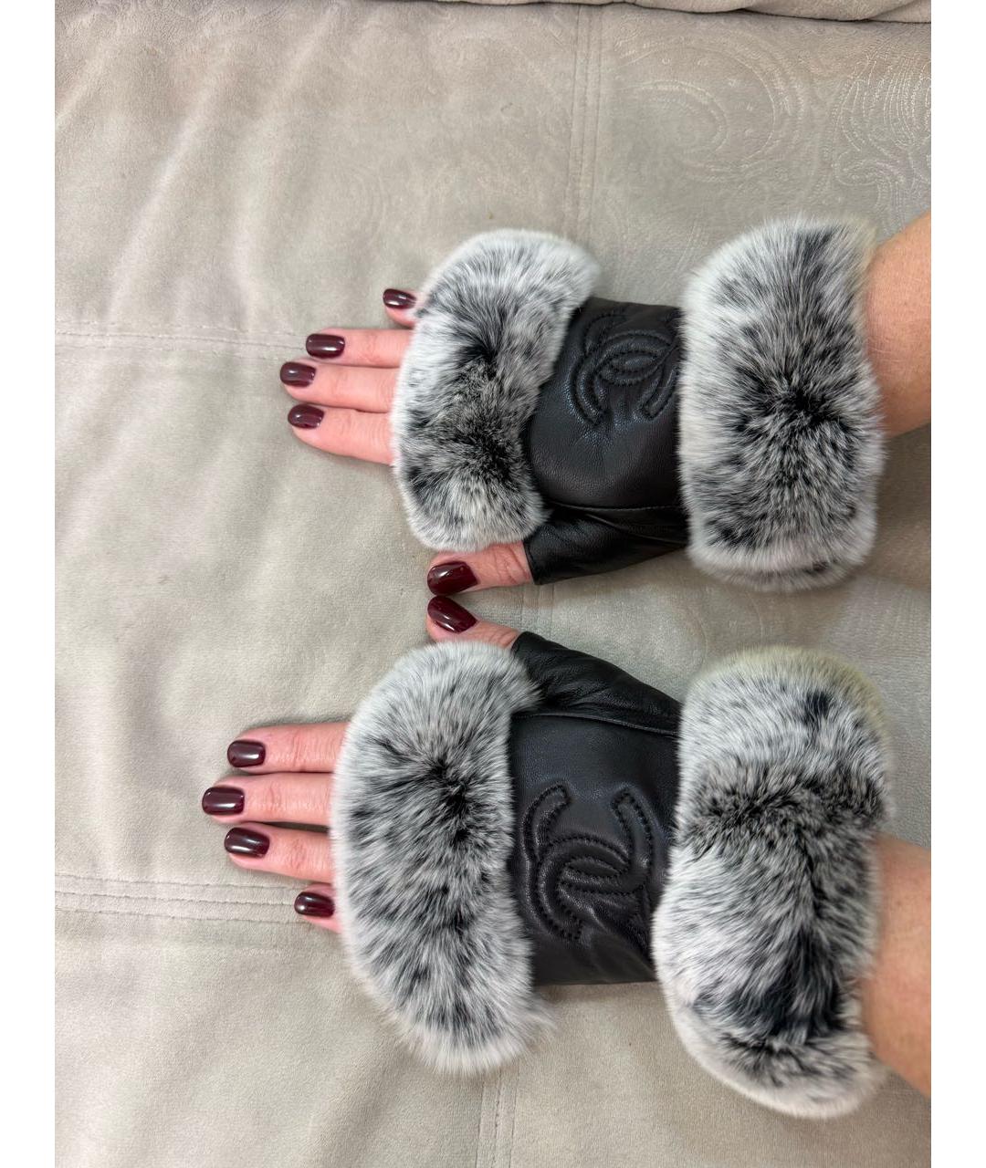 CHANEL Черные кожаные митенки, фото 5
