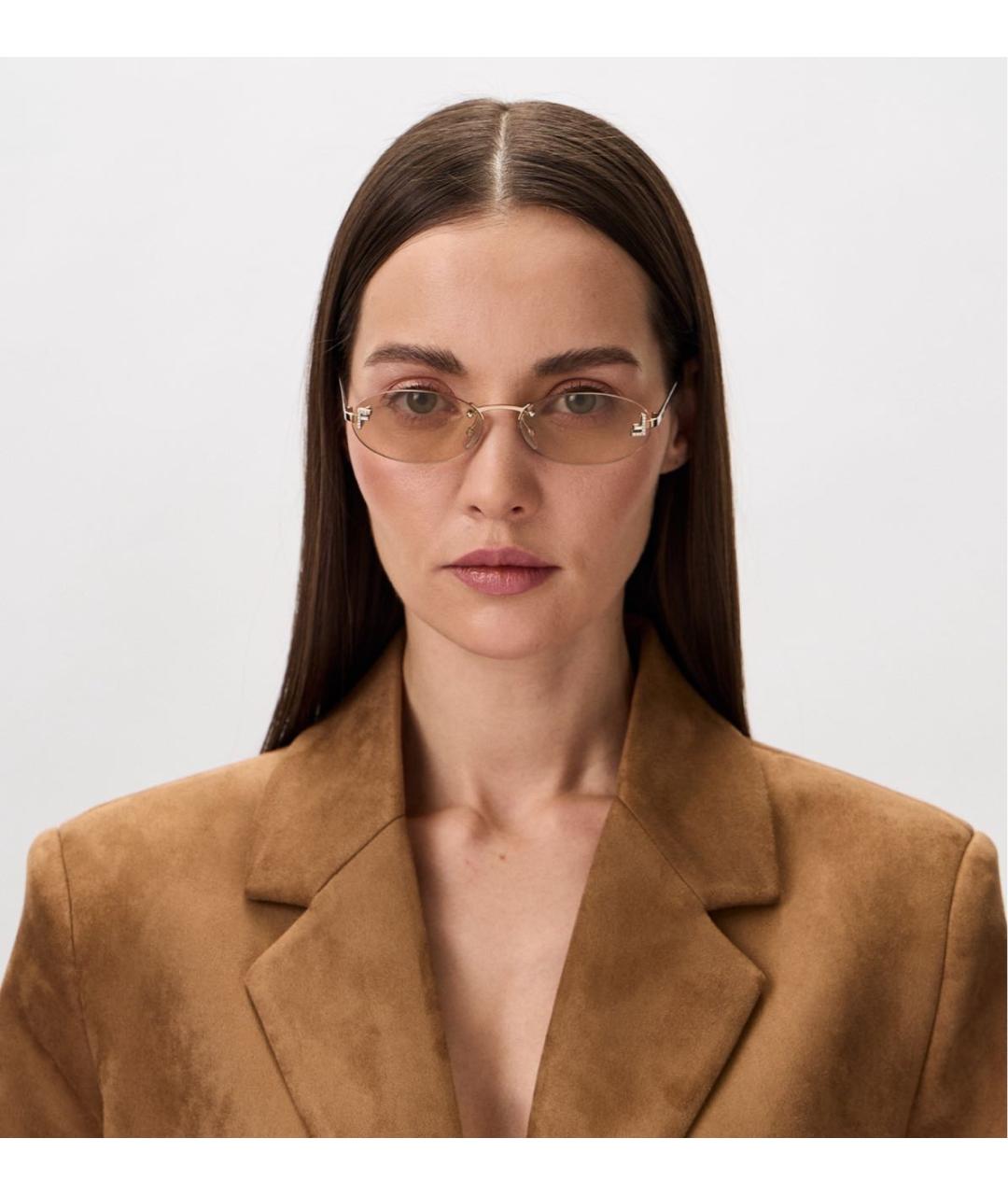 FENDI Бежевые металлические солнцезащитные очки, фото 2