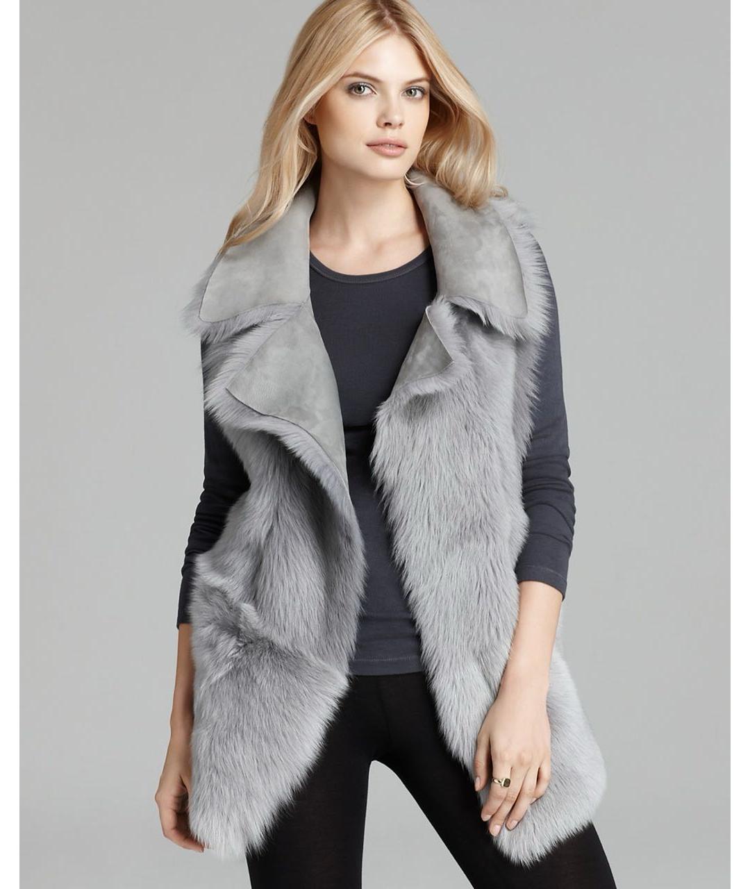 DKNY Серая меховая дубленка, фото 3