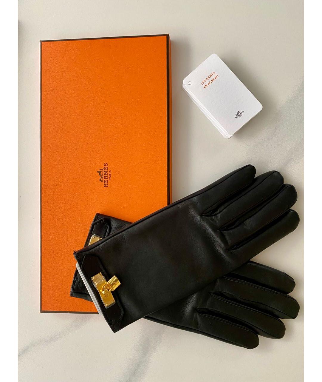 HERMES Черные кожаные перчатки, фото 4