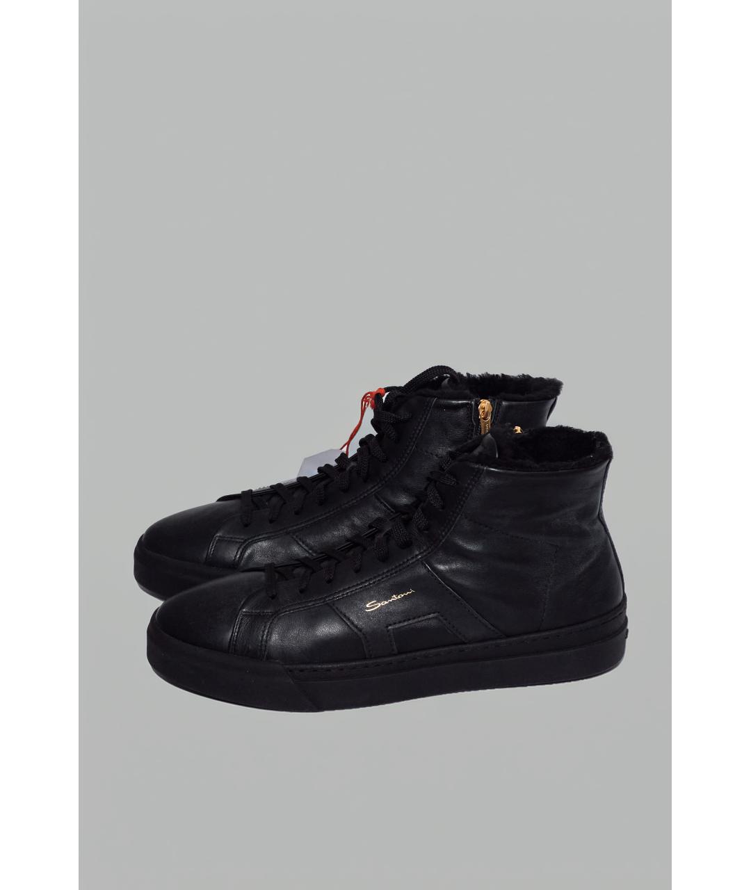 SANTONI Черные кожаные высокие кроссовки / кеды, фото 8