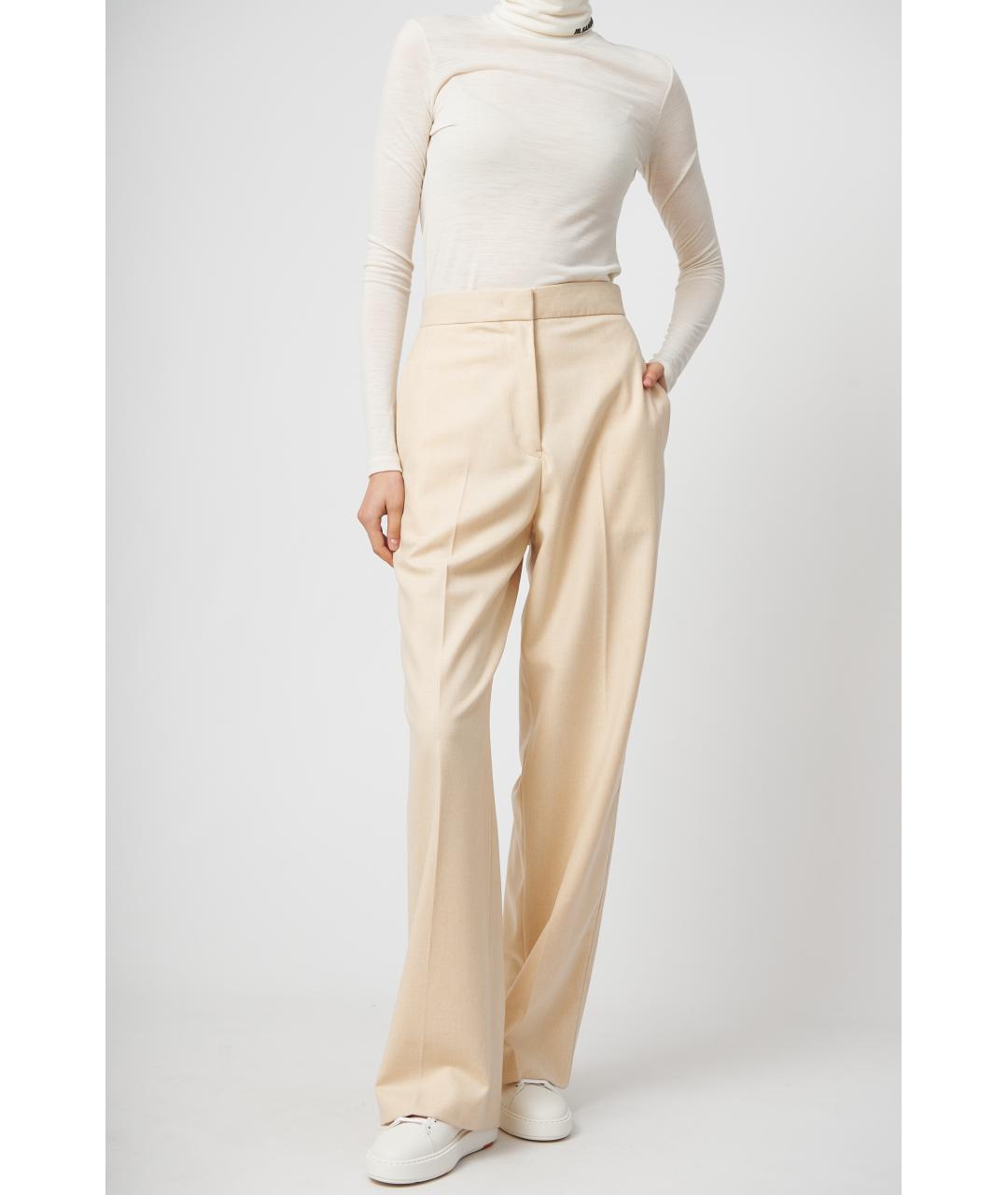 JIL SANDER Бежевые шерстяные прямые брюки, фото 3