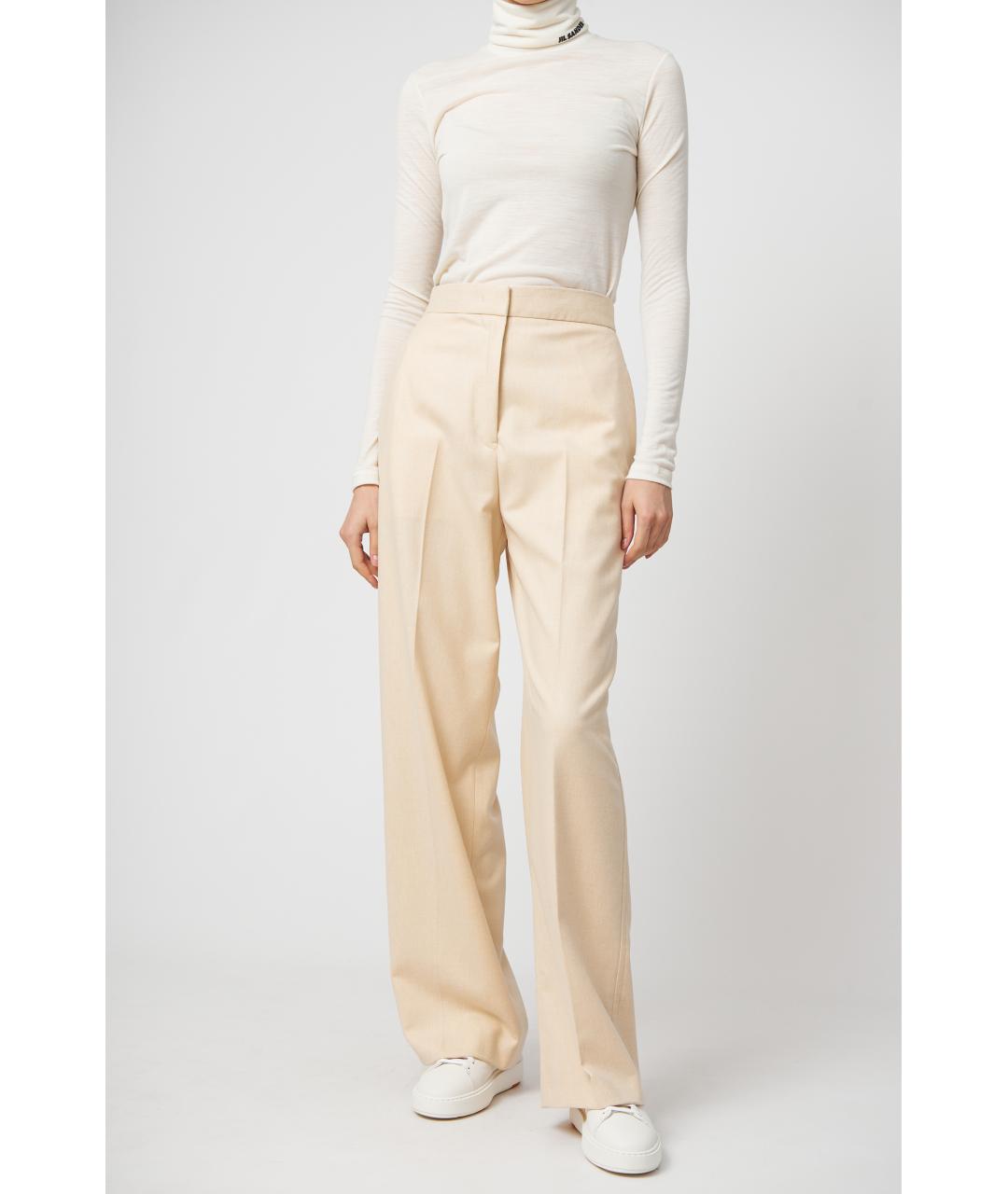 JIL SANDER Бежевые шерстяные прямые брюки, фото 2