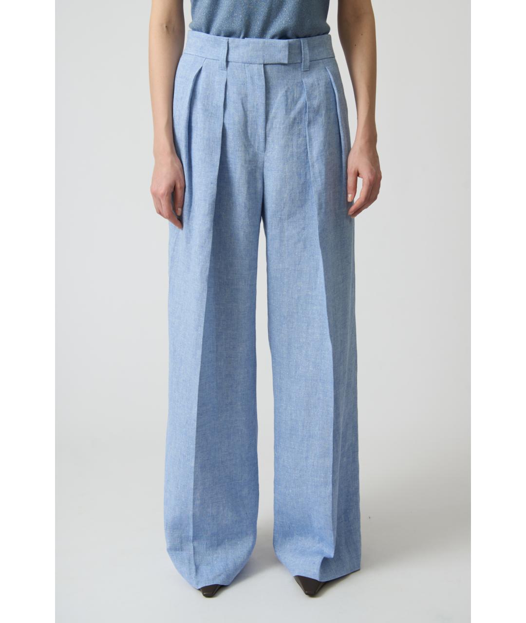 BRUNELLO CUCINELLI Голубые льняные прямые брюки, фото 2