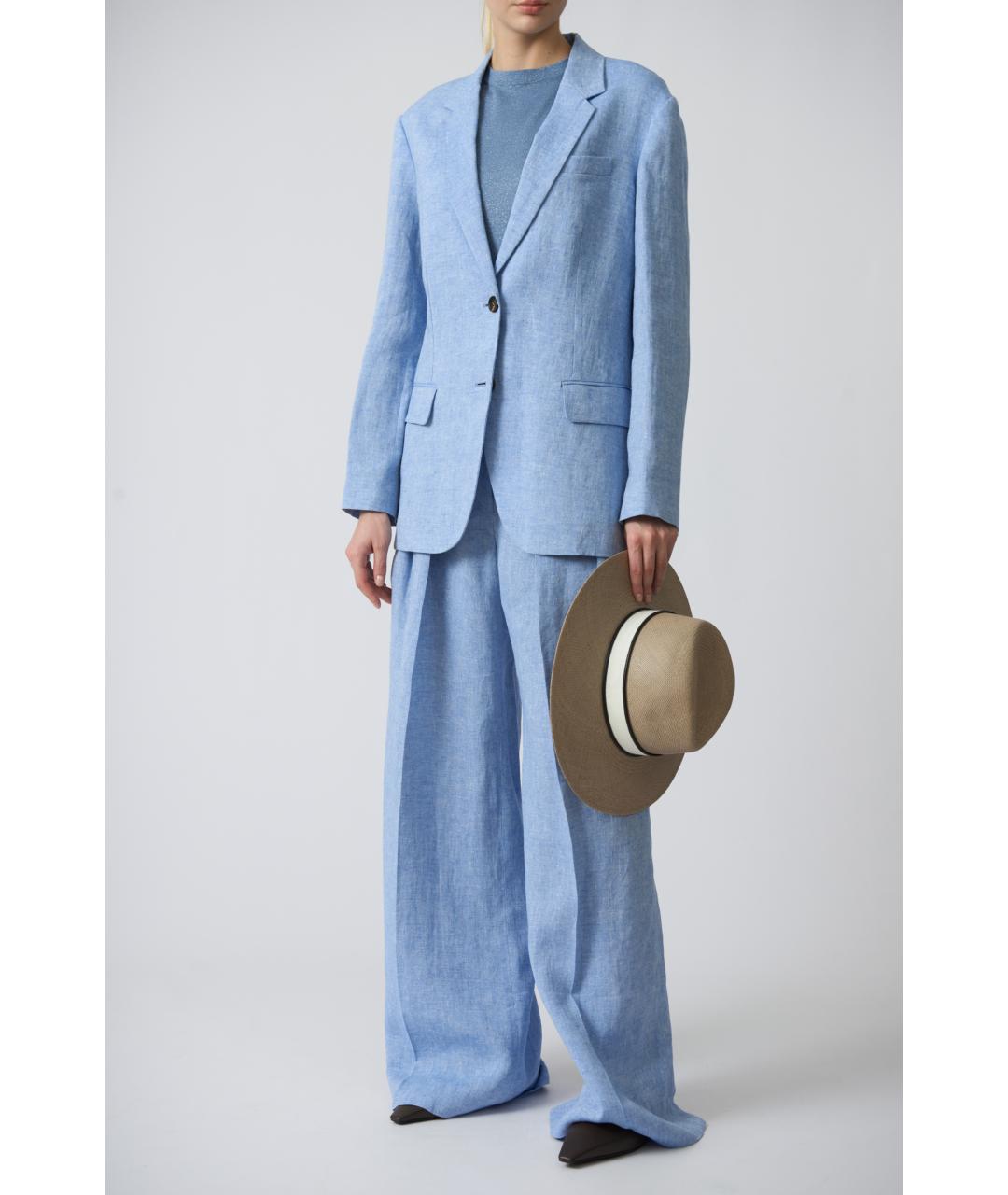 BRUNELLO CUCINELLI Голубые льняные прямые брюки, фото 5