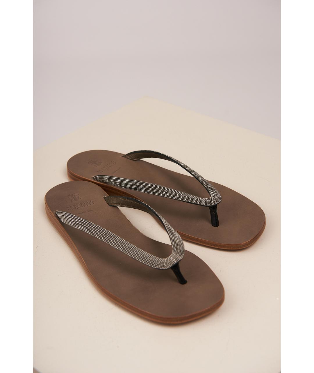 BRUNELLO CUCINELLI Бежевые кожаные шлепанцы, фото 5