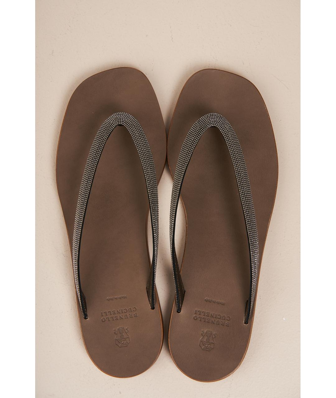 BRUNELLO CUCINELLI Бежевые кожаные шлепанцы, фото 4