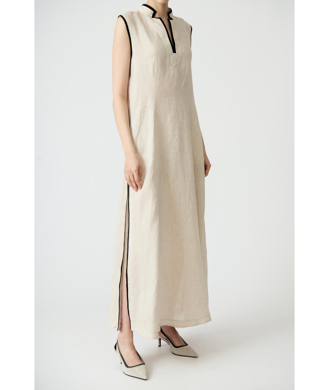 KITON Бежевое льняное повседневное платье, фото 2